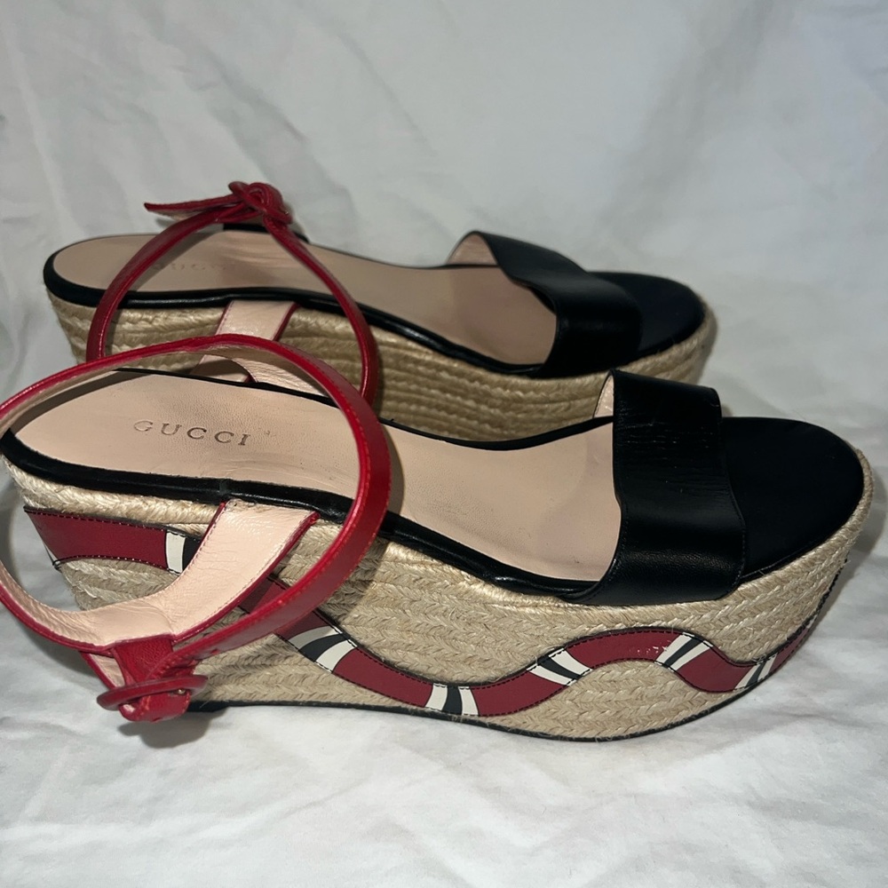 Gucci Black Leather and Red Snake-Accent Wedge Espadrilles - Picture 8 of 8